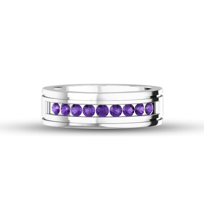 Fede nuziale da uomo con fede nuziale con ametista a taglio rotondo RKC, argento sterling 925, placcato in oro bianco 14 carati, peso 6,80 g, larghezza 6,40 mm