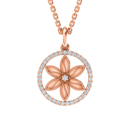 RKC 0,33 Karat Blumen-Moissanit-Anhänger, 925er Silberschmuck, 14 Karat Roségold vergoldet, Gewicht 4,10 g, Höhe 21,80 mm