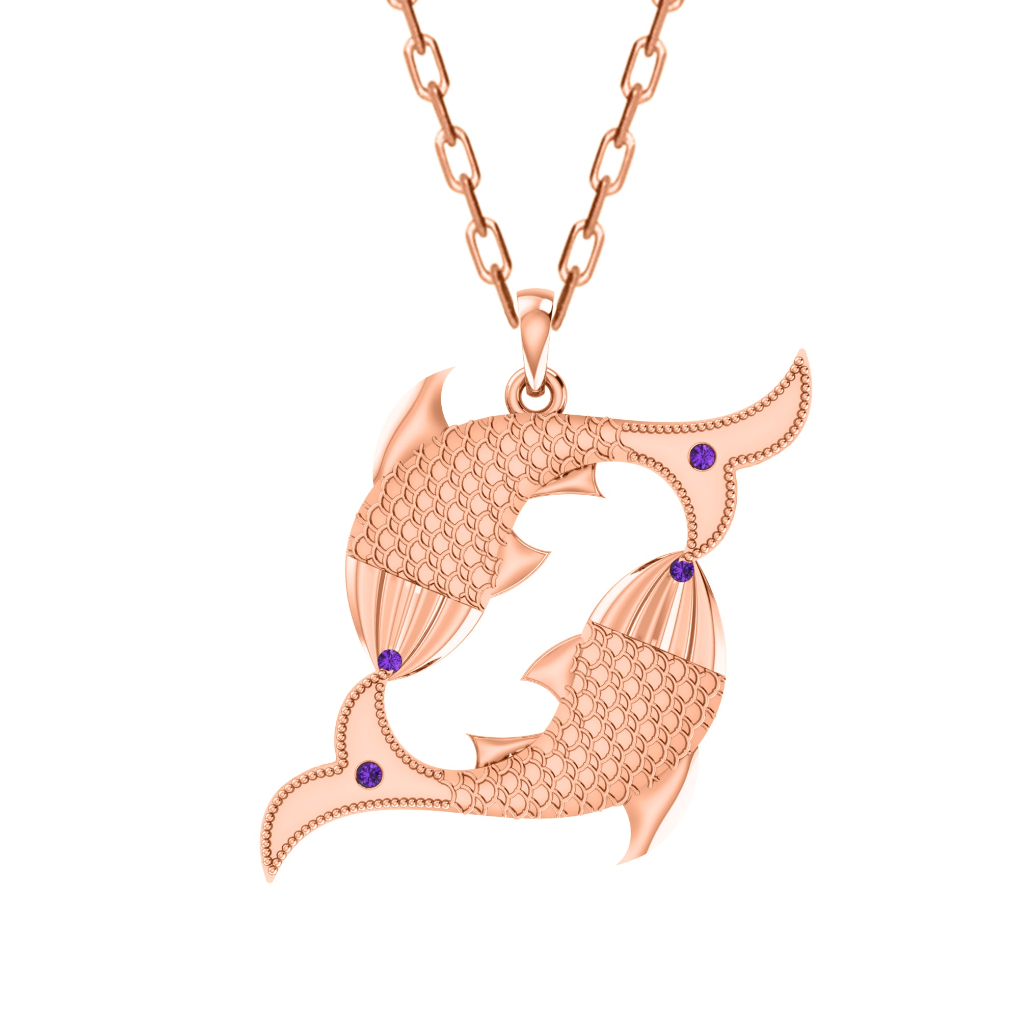 RKC 0,04 Karat Amethyst-Fisch-Anhänger, 925er Silberschmuck, 14 Karat Roségold vergoldet, 5,50 g, Höhe 30 mm