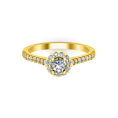 Anello di fidanzamento RKC Moissanite taglio rotondo Halo Flower Halo per donna argento 925 placcato oro giallo 14 carati peso 1,60 g