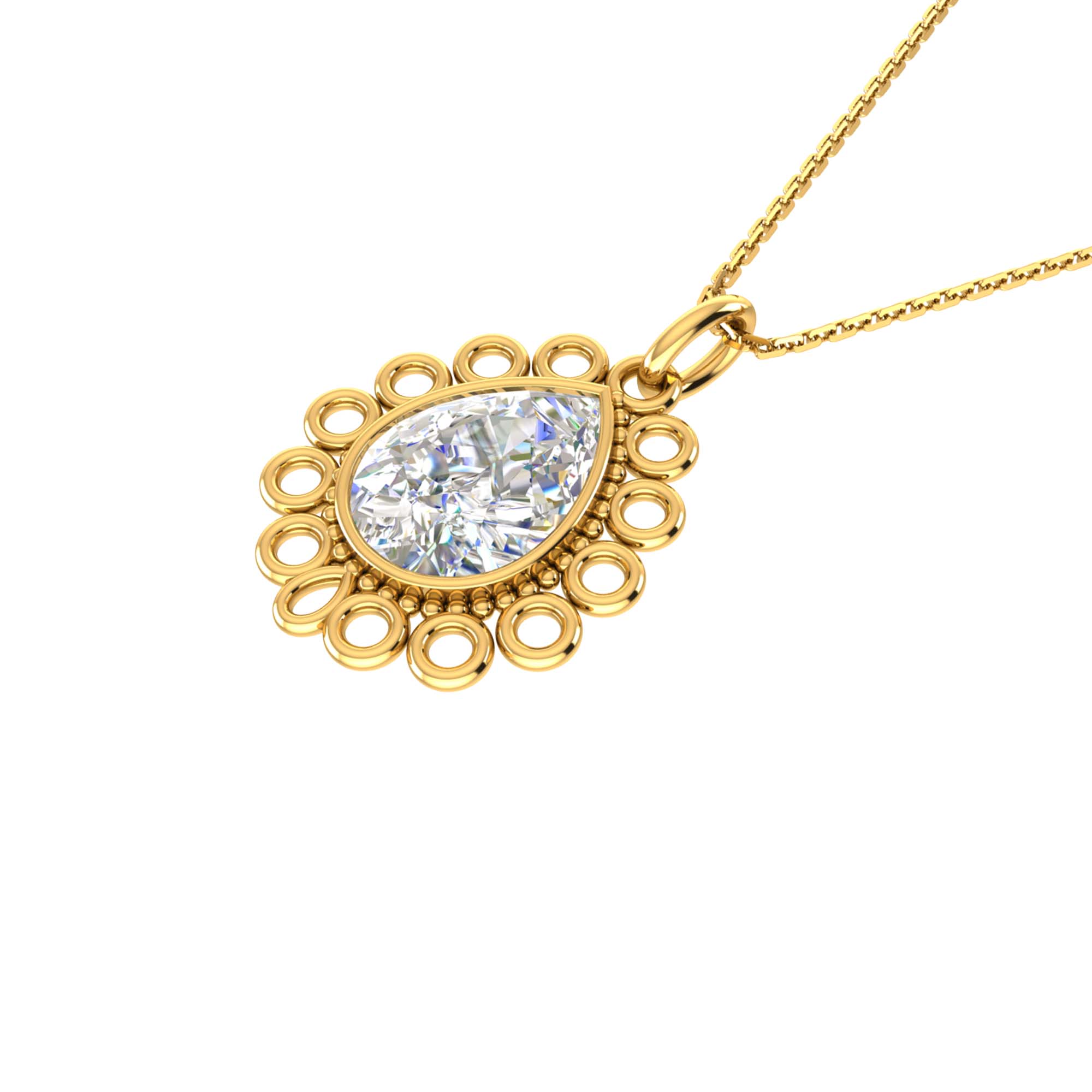 RKC Moissanite/ CZ Golden Pear Shape Pendant with Link Chain 14k Yellow Gold Plated Weight gm