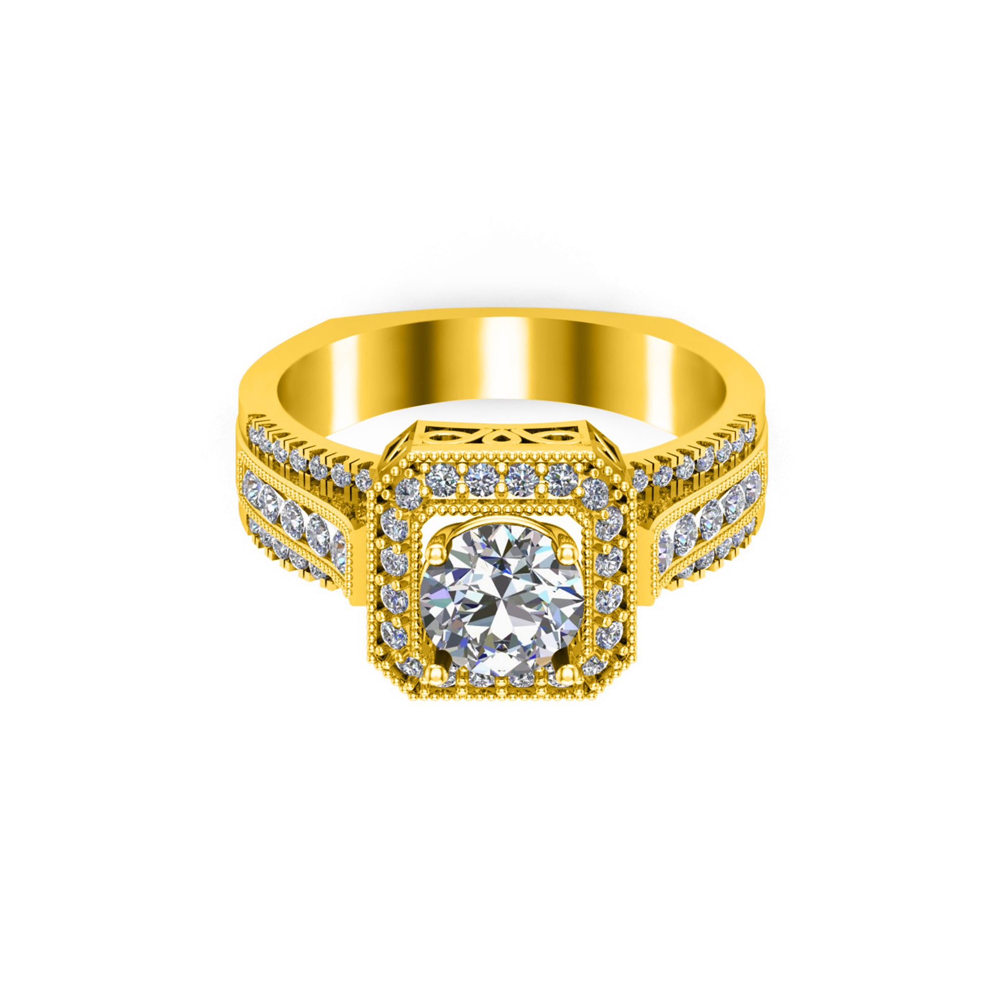 RKC Runder Moissanit-Verlobungs-Halo-Ring für Damen, 925er Silber, 14 Karat Gelbgold vergoldet, Gewicht 6,50 g, Breite 3,50 mm