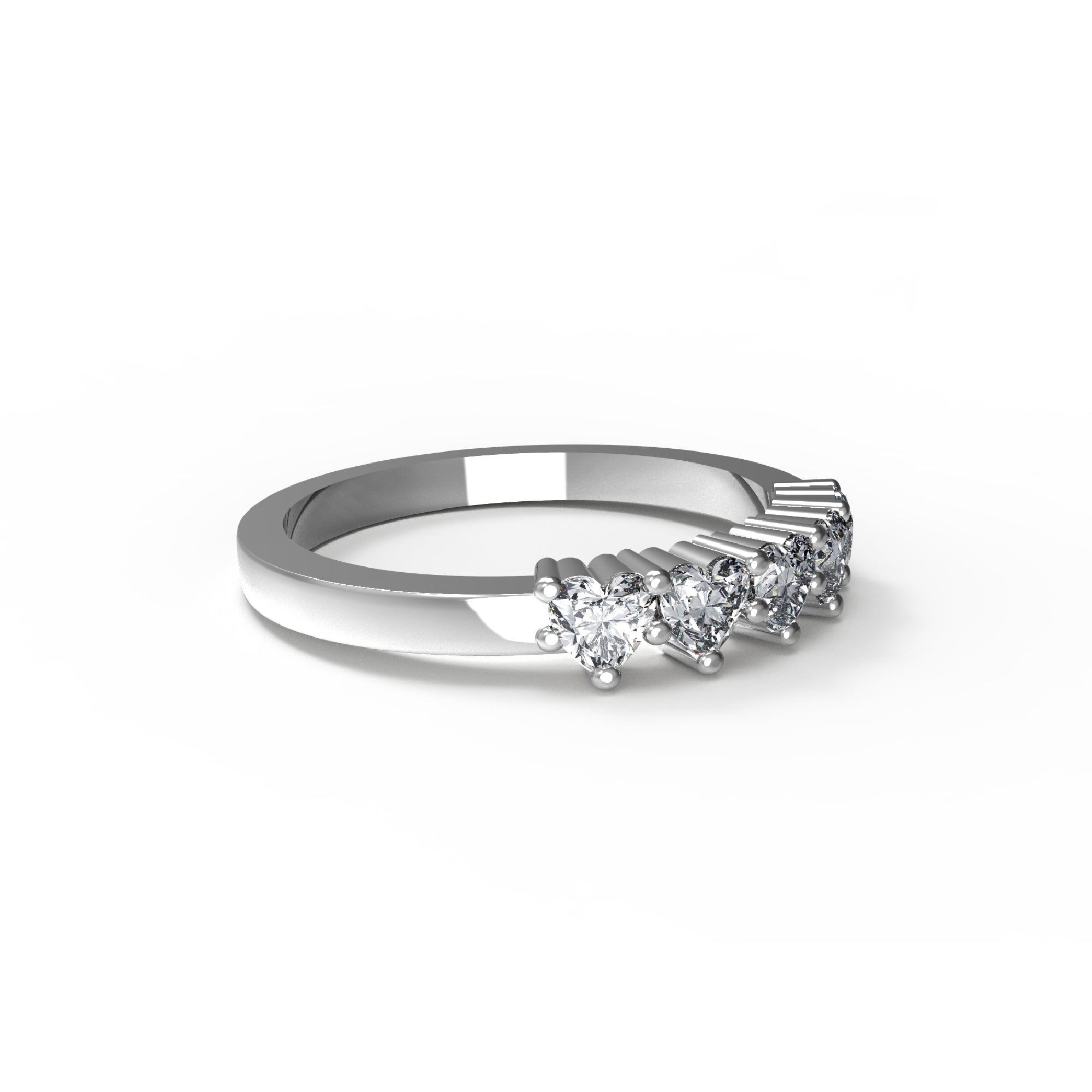 RKC Moissanit-Ehering mit fünf Herzschliff, 14 Karat Gelbgold plattiert, 925er Silber, Damenring, Gewicht 2 g, Breite 2 mm