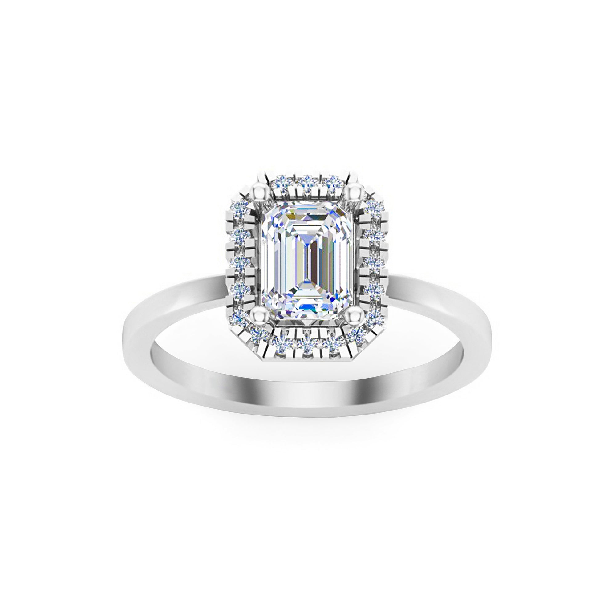 Anello di fidanzamento RKC con moissanite taglio smeraldo Halo, argento sterling 925 placcato oro giallo, peso 2,10 g, larghezza 1,50 mm