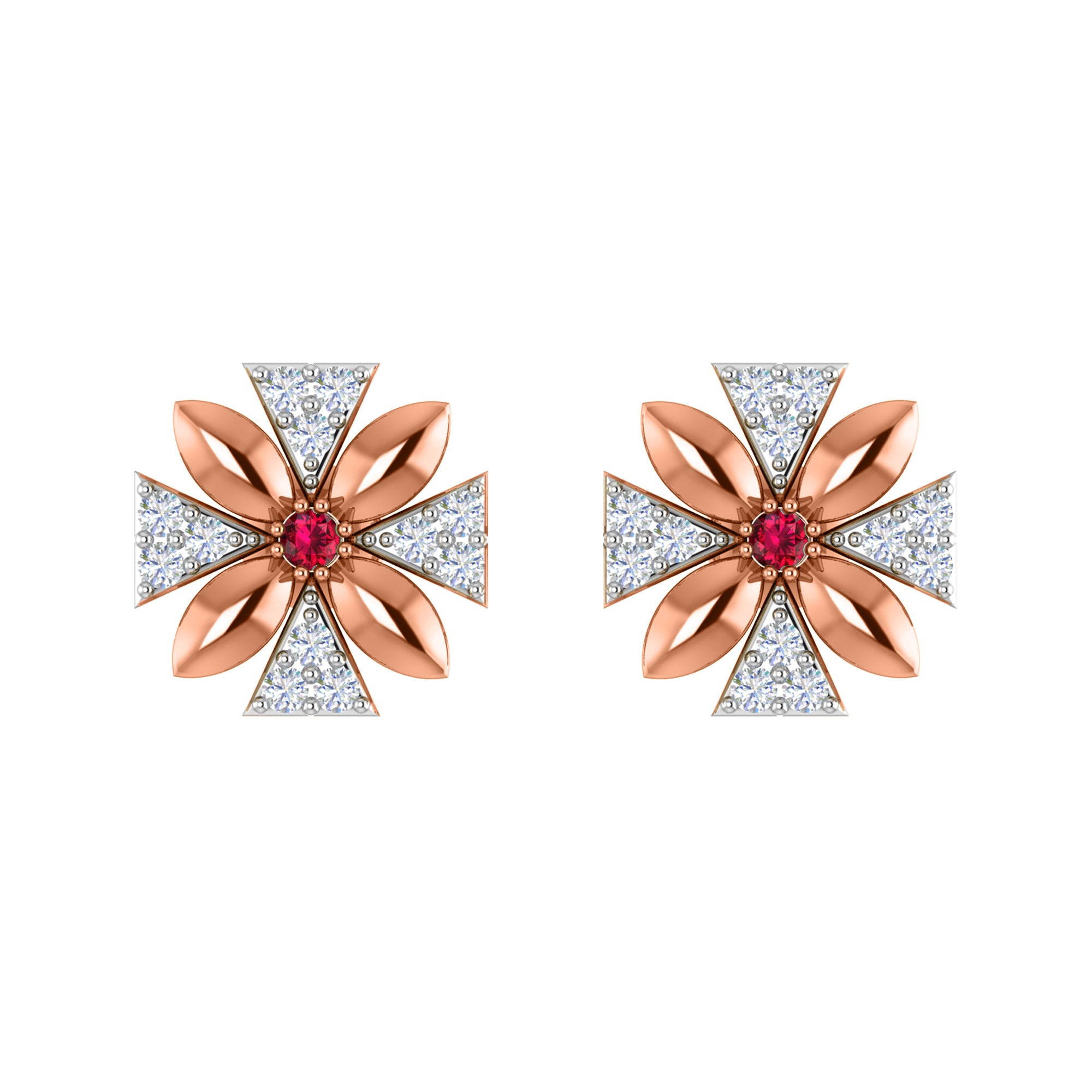 Orecchino da donna con motivo floreale push-back in argento sterling RKC 925, oro rosa 14 carati, peso 3,00 g, altezza 11,50 mm
