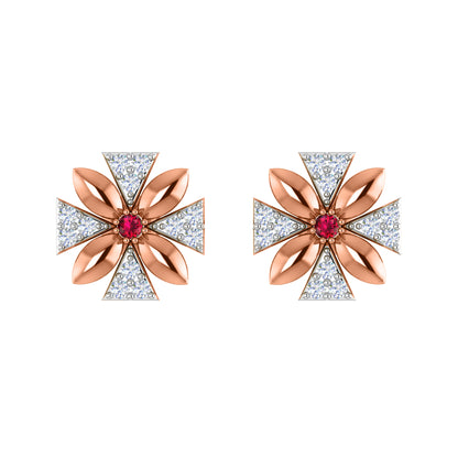 Orecchino da donna con motivo floreale push-back in argento sterling RKC 925, oro rosa 14 carati, peso 3,00 g, altezza 11,50 mm
