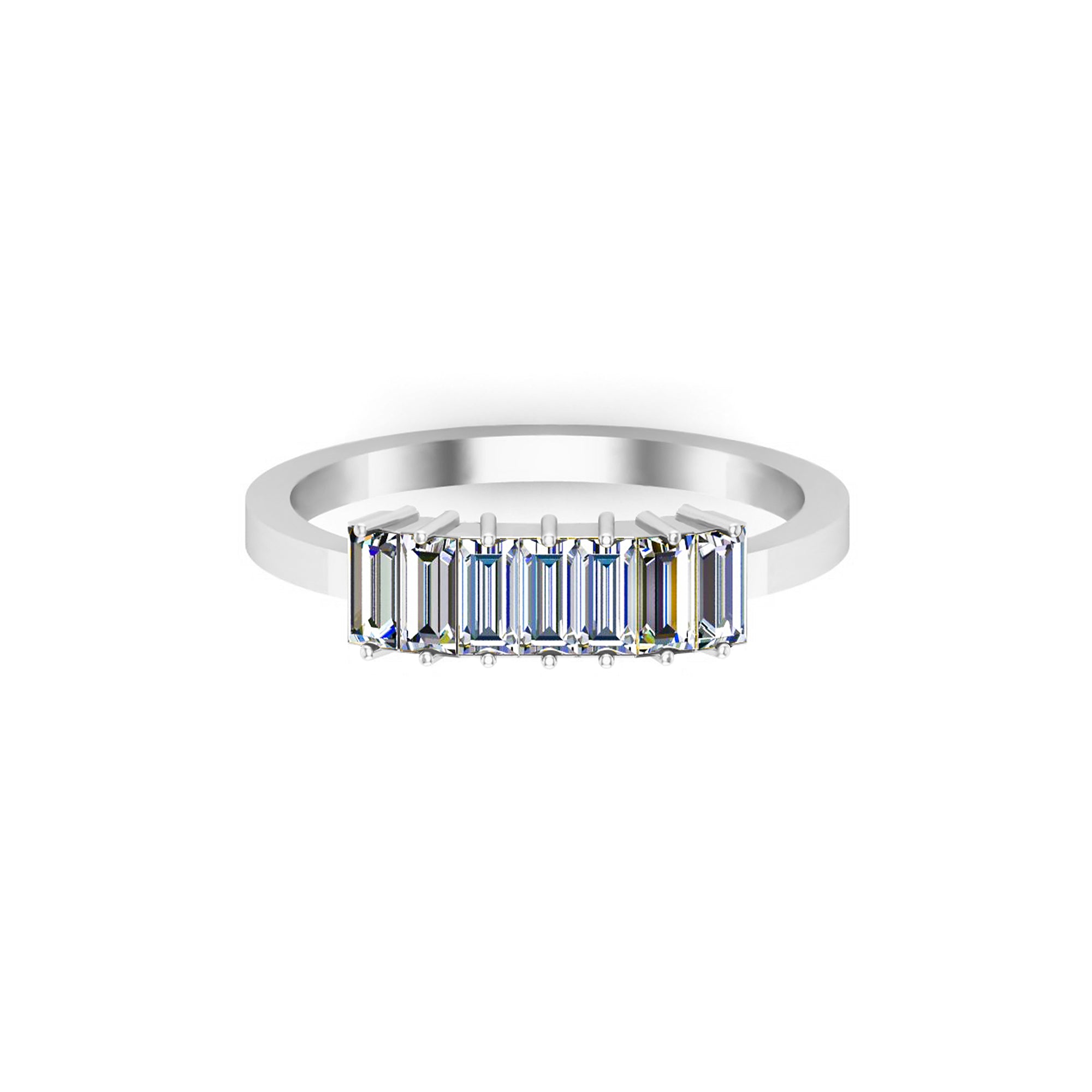 RKC Moissanit-Baguette-Ring mit sieben Steinen, Verlobungsring aus 925er Silber, 14 Karat Gelbgold vergoldet, Gewicht 1,60 g, Breite 1,50 mm