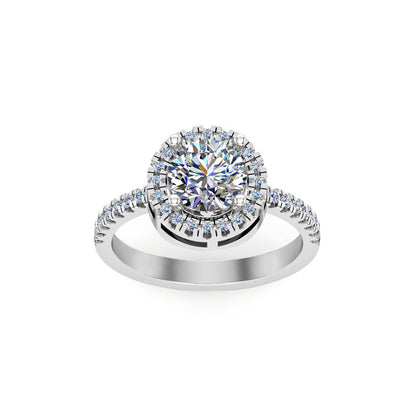 RKC Runder Moissanit-Halo-Solitärring mit Akzenten, Verlobungsring für Sie, 925er Silber, 14 Karat Gelbgold plattiert, Gewicht 3,70 g, Breite 2,60 mm