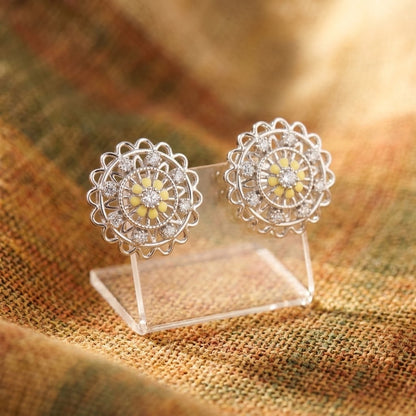 925 Silver Moissanite Floral Mandala Filigree Stud Earrings – 14K Gold Plated