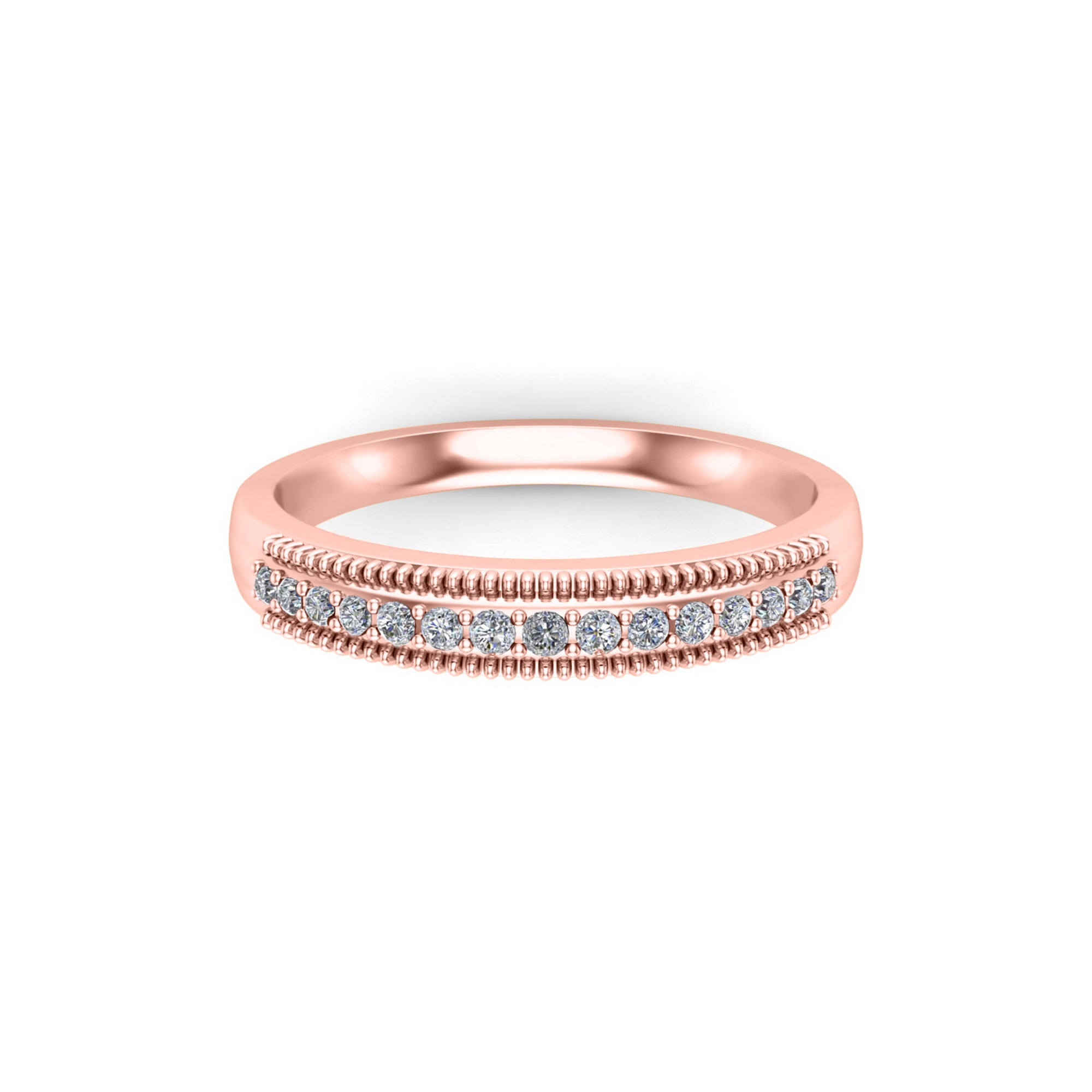 Anello a fascia nuziale mezza eternità rotondo RKC con moissanite, argento sterling 925, placcato oro rosa 14 carati, peso 3,80 g, larghezza 2 mm