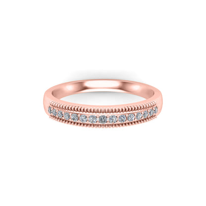 Anello a fascia nuziale mezza eternità rotondo RKC con moissanite, argento sterling 925, placcato oro rosa 14 carati, peso 3,80 g, larghezza 2 mm