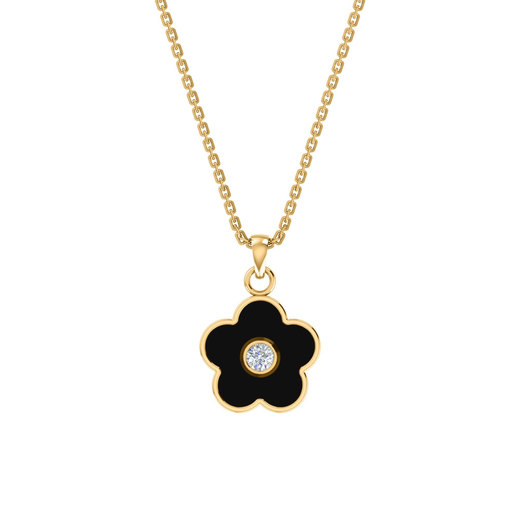 Ciondolo fiore in smalto moissanite da 0,16 ct RKC, gioielli in argento 925, placcato in oro giallo 14 carati, peso del prodotto: 4,20 g, altezza 16,00 mm