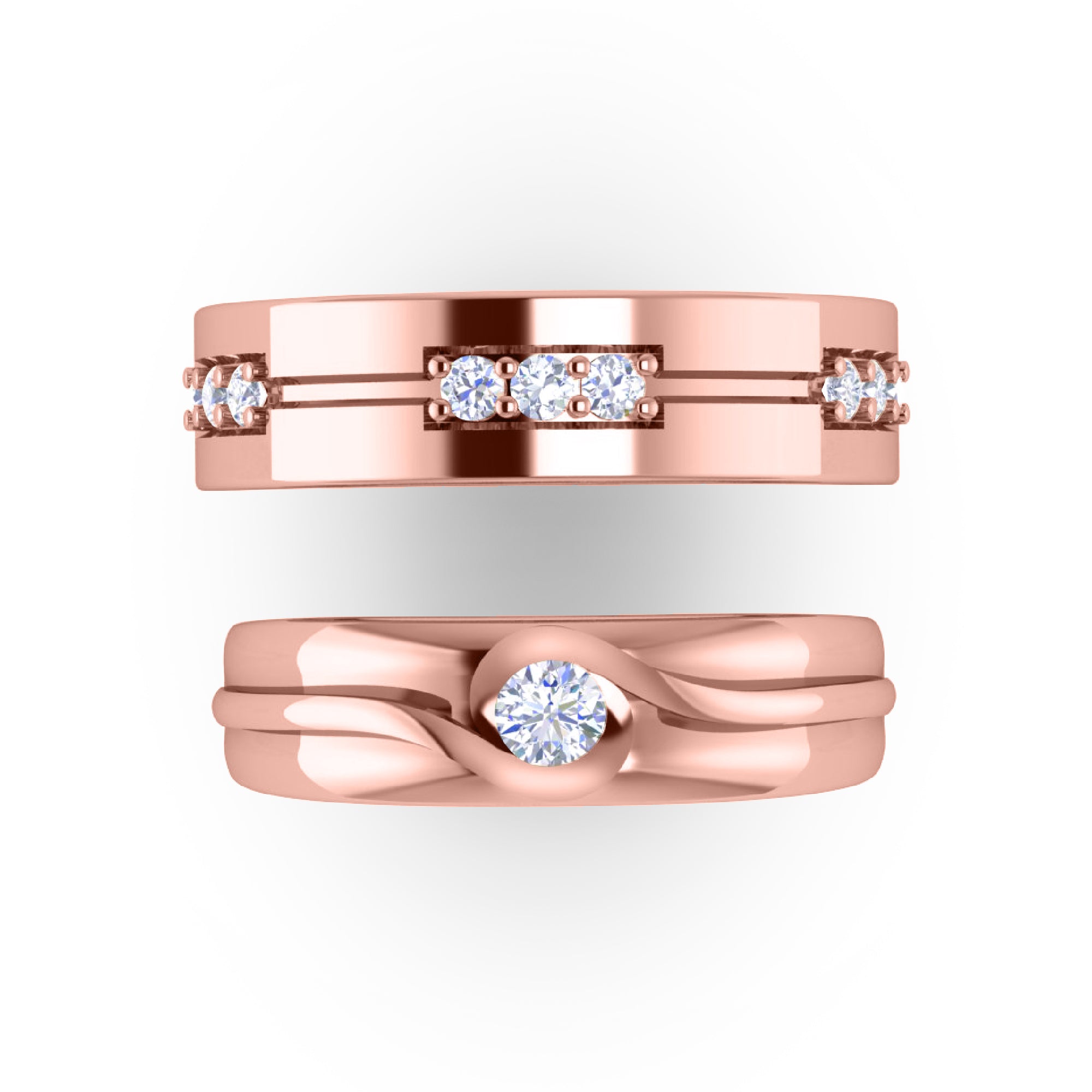 RKC Runde 0,44 Karat Moissanit-925-Silber-Hochzeitspaar-Bänder für die Braut, 14 Karat Roségold vergoldet, Gewicht 8 g