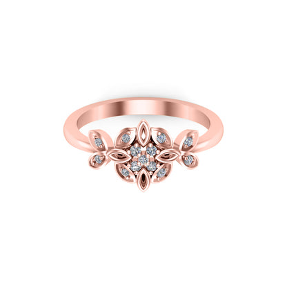 RKC Damenring in Form einer Moissanit-Blüte, 14 Karat rosévergoldet, 925er-Sterlingsilber, Gewicht 2,30 g, Breite 2 mm