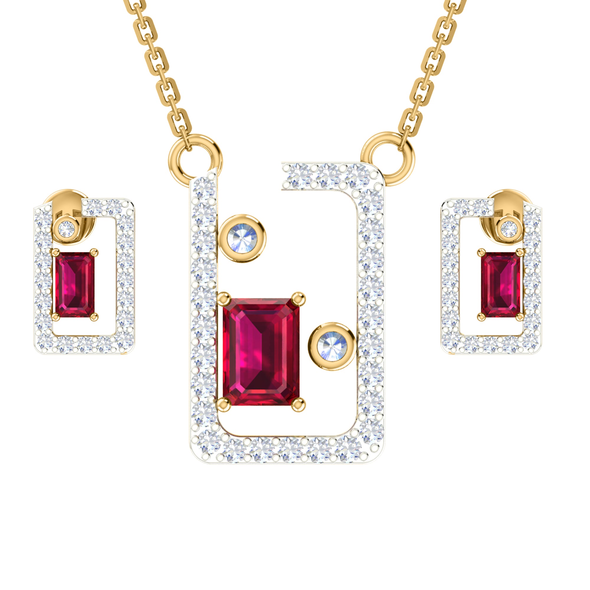 Ciondolo con rubino in argento dorato RKC 925 da 1,00 ct totale, peso 3,70 g e orecchino da 2,10 g, set con placcatura in oro giallo 14 carati