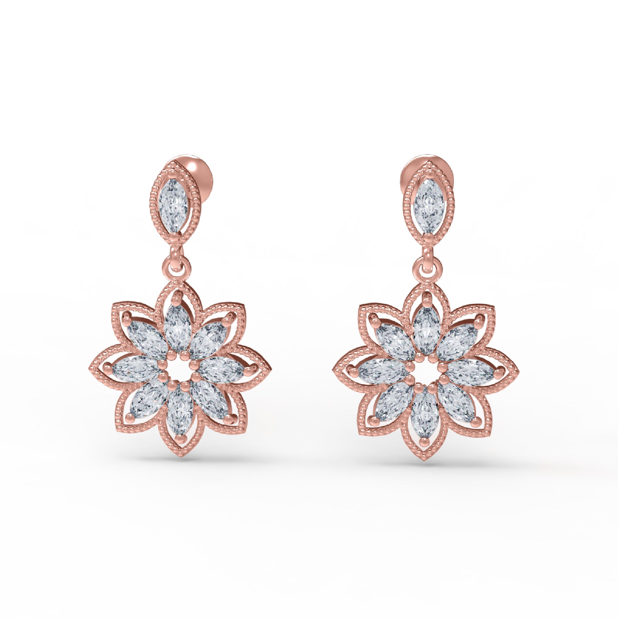 Orecchino da donna a goccia marquise in argento sterling RKC 925 con rosa 14k su peso 6,50 GM, altezza 32,50 mm