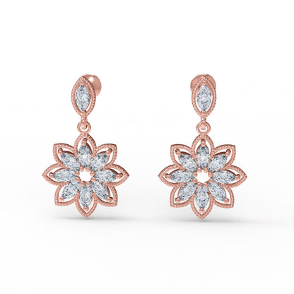 Orecchino da donna a goccia marquise in argento sterling RKC 925 con rosa 14k su peso 6,50 GM, altezza 32,50 mm