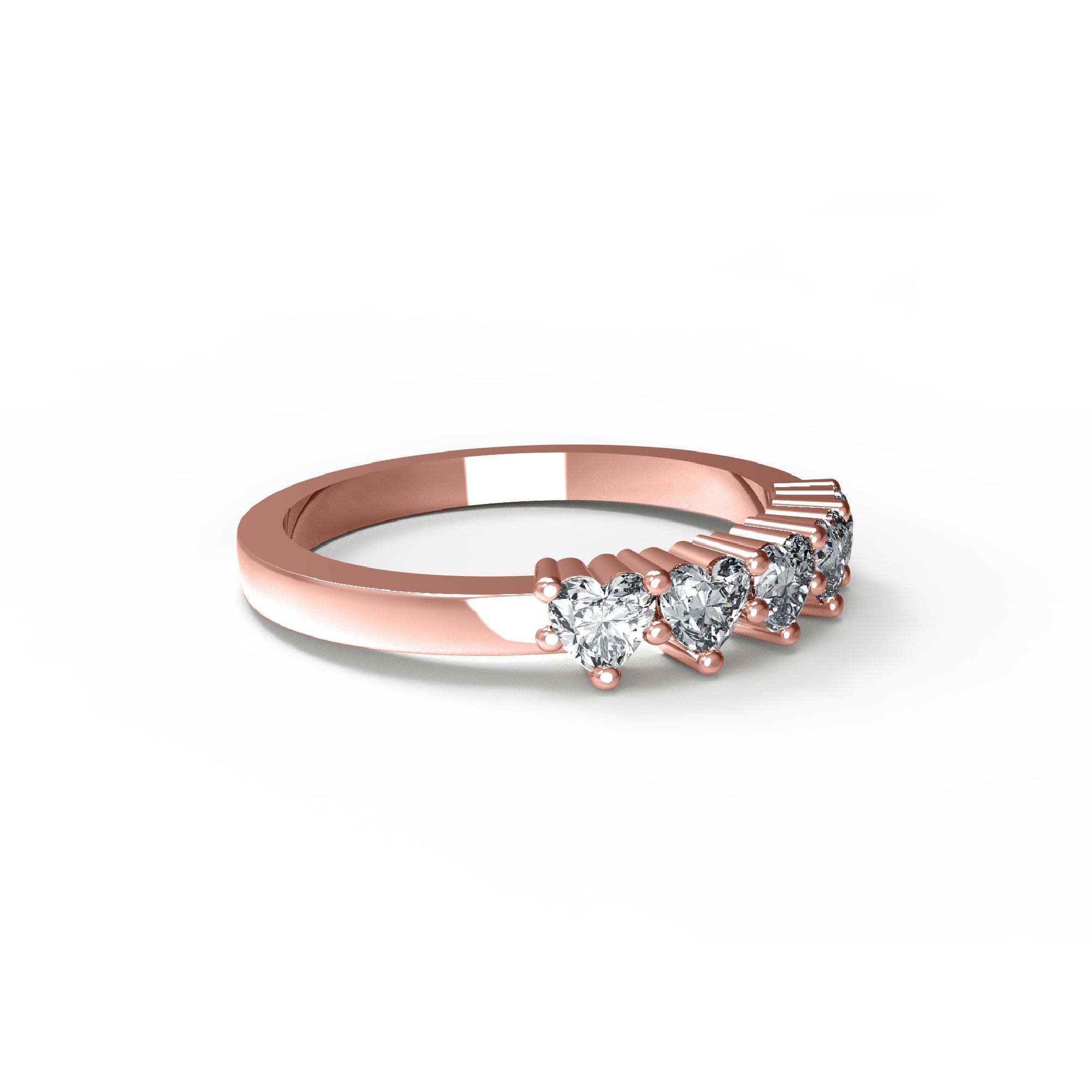 RKC Moissanit-Ehering mit fünf Herzschliff, 14 Karat Gelbgold plattiert, 925er Silber, Damenring, Gewicht 2 g, Breite 2 mm