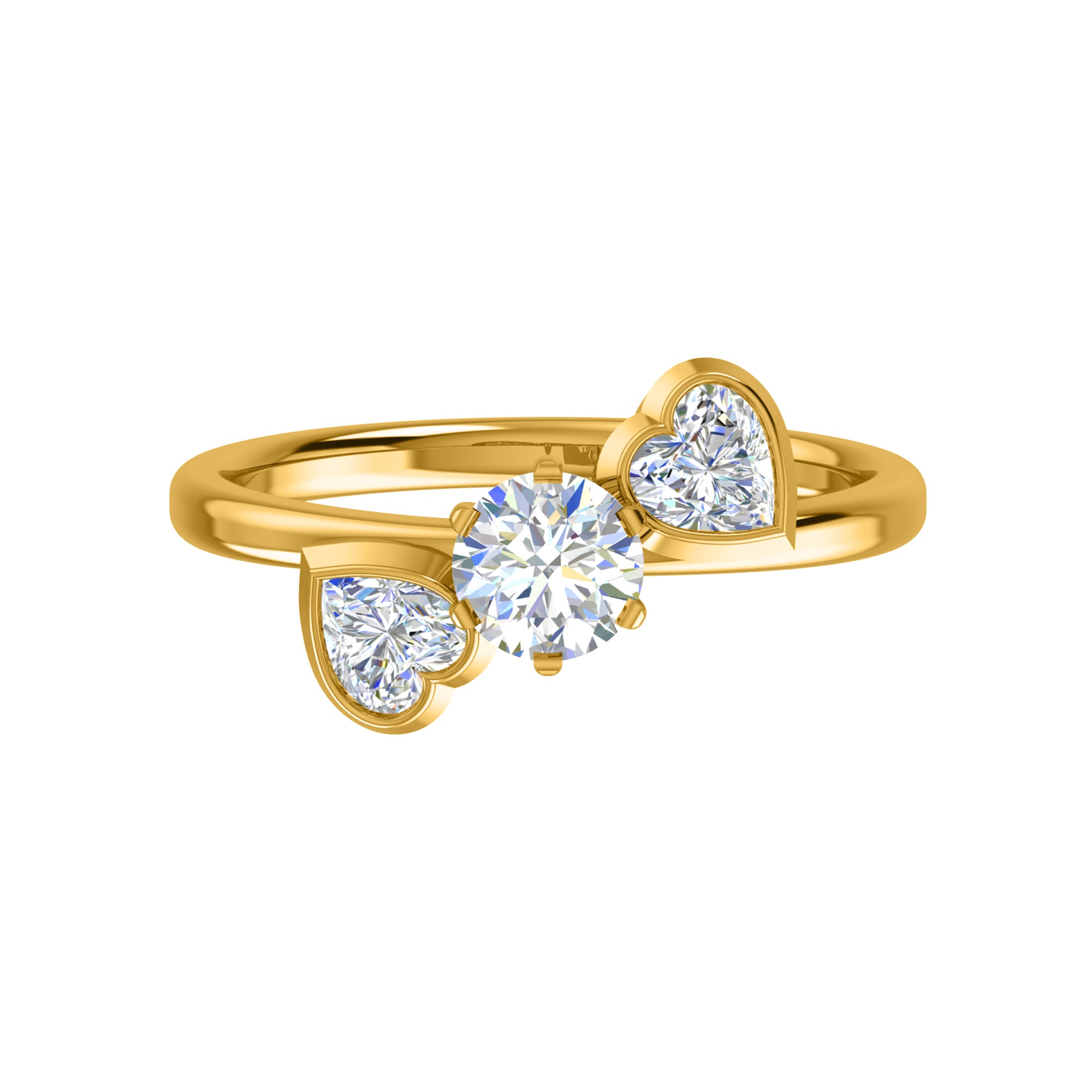 Anello di fidanzamento rotondo con tre pietre RKC in argento 925 placcato in oro giallo 14 carati per donna Peso 2,20 g