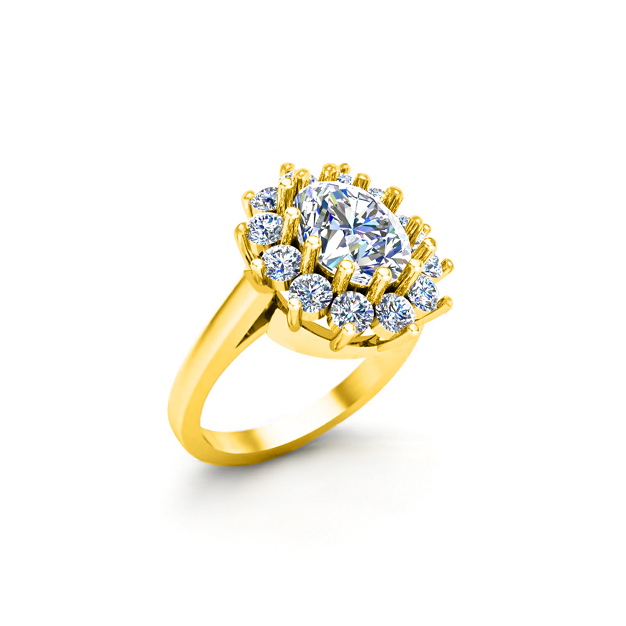 RKC Oval Cut Moissanit Damen-Verlobungsring im Halo-Stil, 925er Sterlingsilber, 14 Karat Gelbgold vergoldet, Gewicht 4,40 g, Breite 2,10 mm