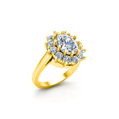 RKC Oval Cut Moissanit Damen-Verlobungsring im Halo-Stil, 925er Sterlingsilber, 14 Karat Gelbgold vergoldet, Gewicht 4,40 g, Breite 2,10 mm