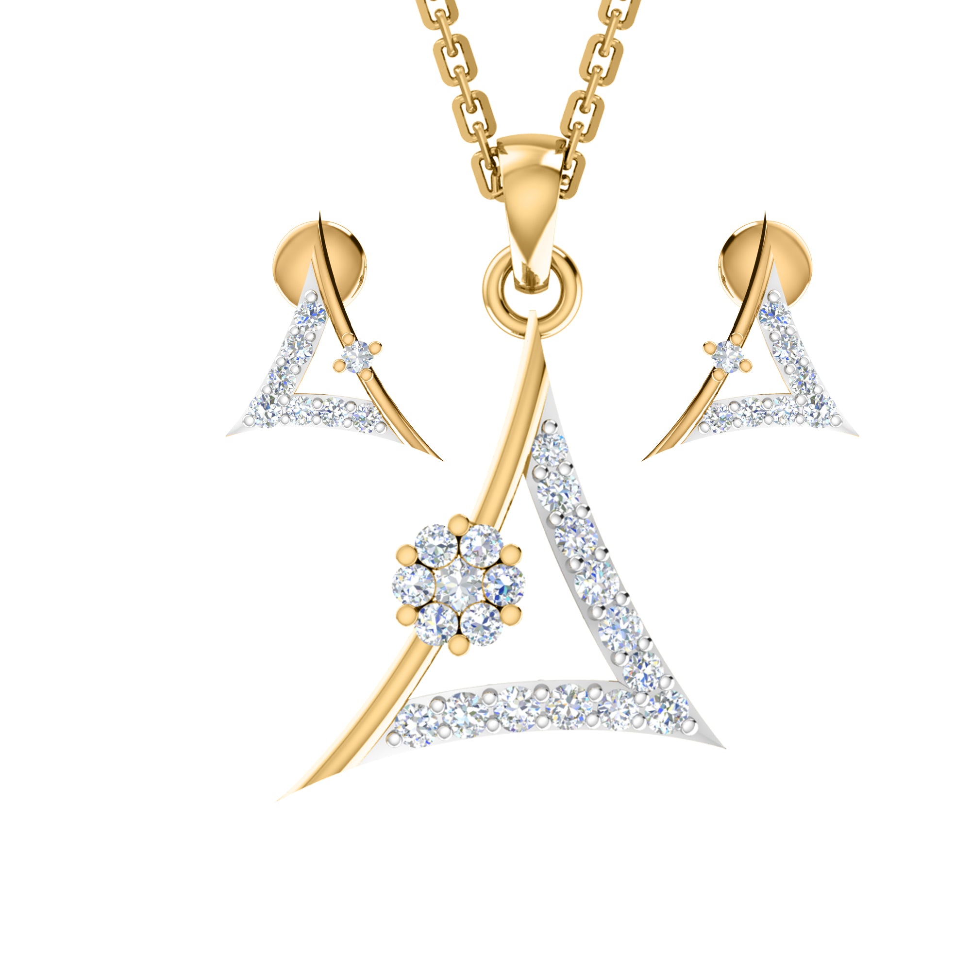 RKC 925 Silber Golden Gesamtgewicht 0,55 ct Moissanit Anhänger Gewicht 3,40 gm und Gewicht Ohrring 1,80 gm Set mit 14K Roségold plattiert