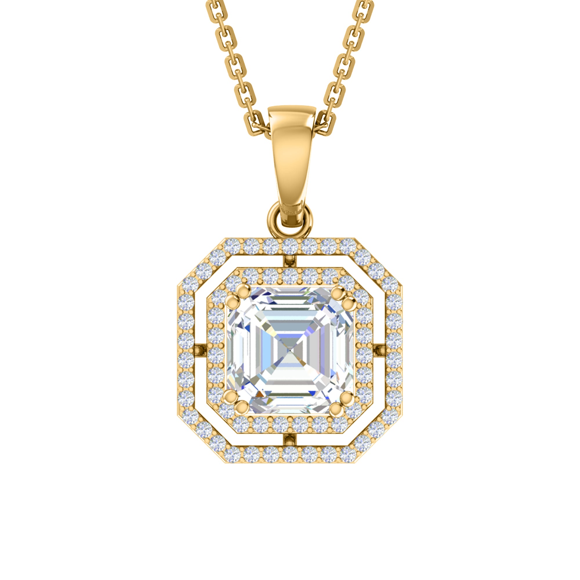 RKC 4,58 Karat Halo-Moissanit-Anhänger mit Kette, 925er Silberschmuck, 14 Karat Gelbgold vergoldet, Gewicht 5,50 g, Höhe 25,50 mm