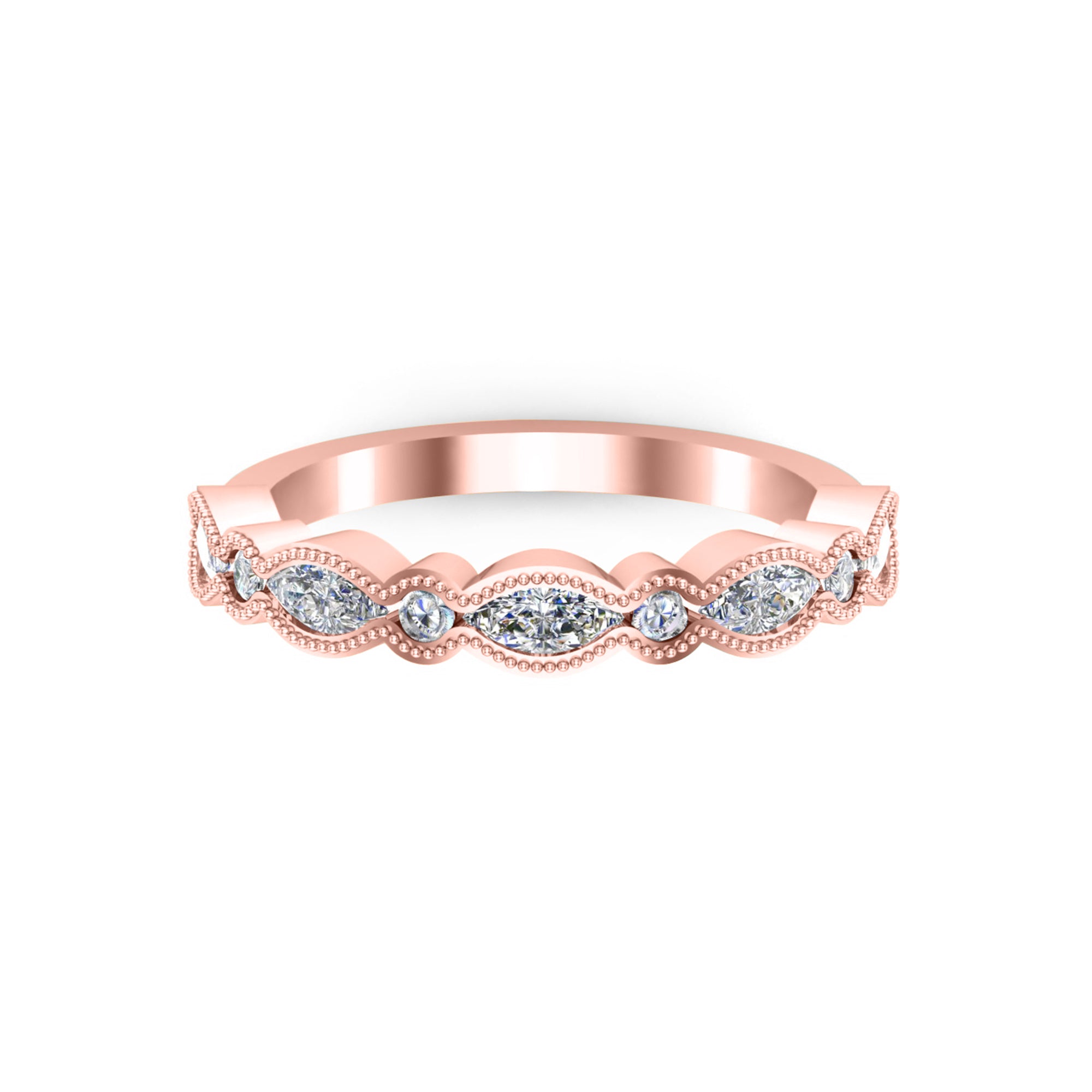 Anello a fascia minimalista da donna RKC Marquise Moissanite Anello in argento sterling 925 placcato oro rosa 14 carati Peso 2 g Larghezza 1,80 mm
