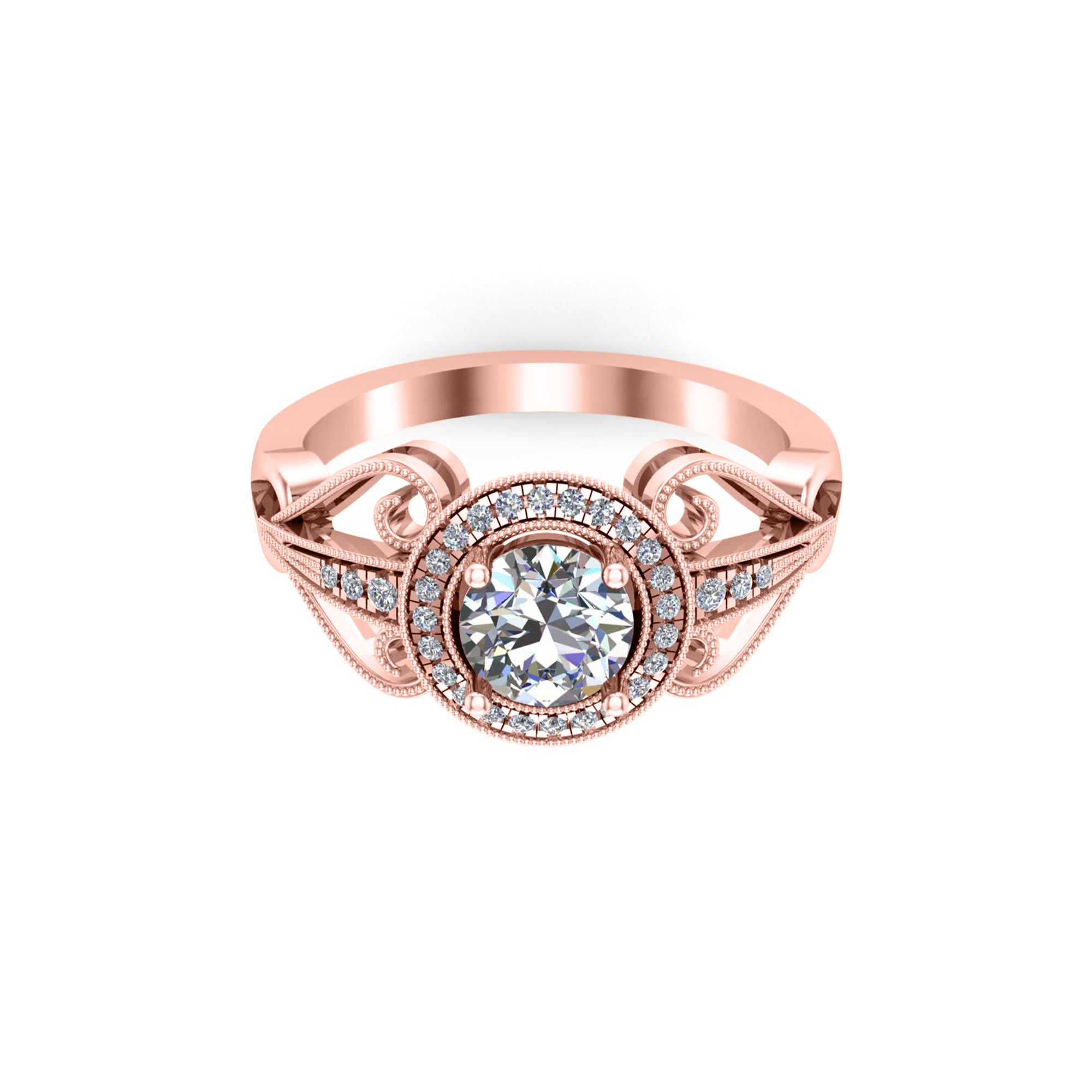 RKC Rundschliff-Moissanit-Art-Deco-Verlobungsring, 925er Silber, 14 Karat Roségold vergoldet, Gewicht 2,70 g, Breite 1,70 mm