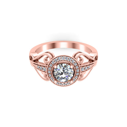 RKC Rundschliff-Moissanit-Art-Deco-Verlobungsring, 925er Silber, 14 Karat Roségold vergoldet, Gewicht 2,70 g, Breite 1,70 mm