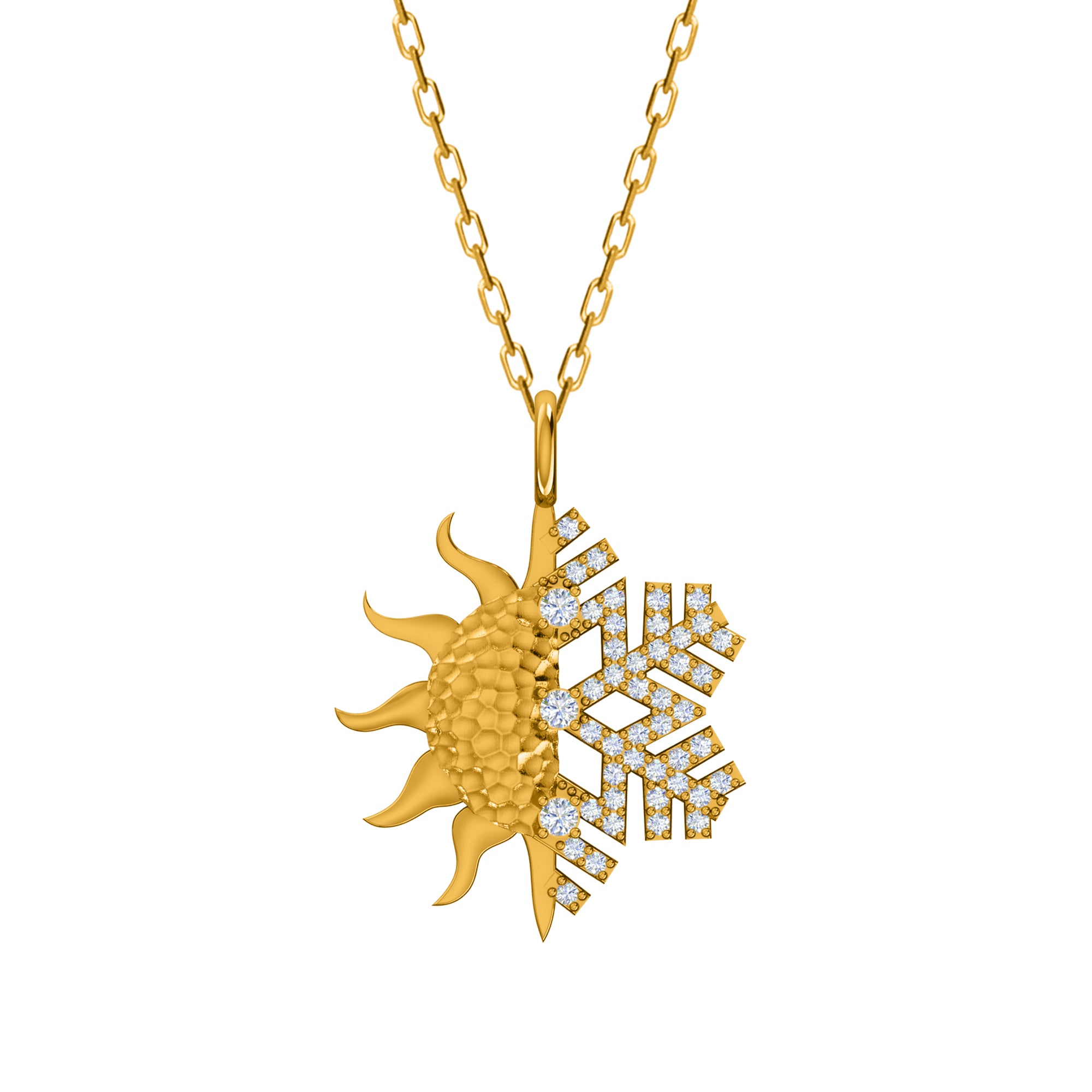 RKC Ciondolo con sole e fiocco di neve in moissanite da 0,47 ct, gioielli in argento 925, placcato in oro giallo 14 carati, peso 4,50 g, altezza 29 mm