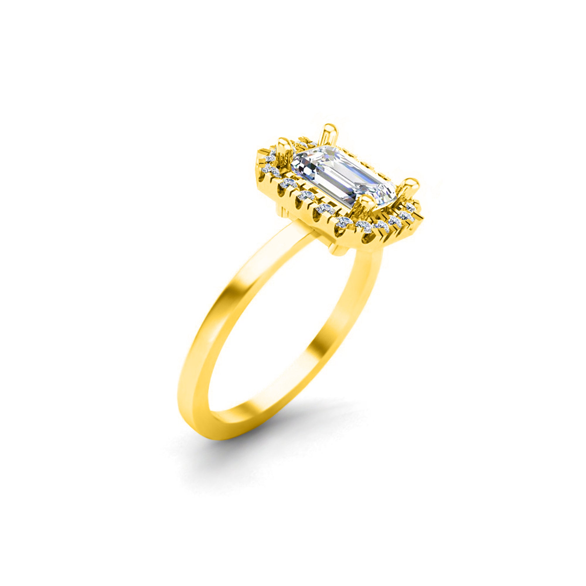 Anello di fidanzamento RKC con moissanite taglio smeraldo Halo, argento sterling 925 placcato oro giallo, peso 2,10 g, larghezza 1,50 mm