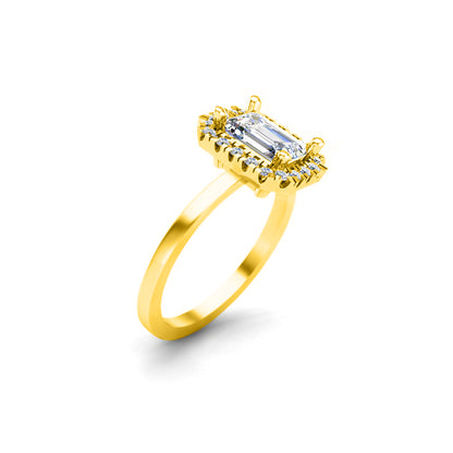 Anello di fidanzamento RKC con moissanite taglio smeraldo Halo, argento sterling 925 placcato oro giallo, peso 2,10 g, larghezza 1,50 mm