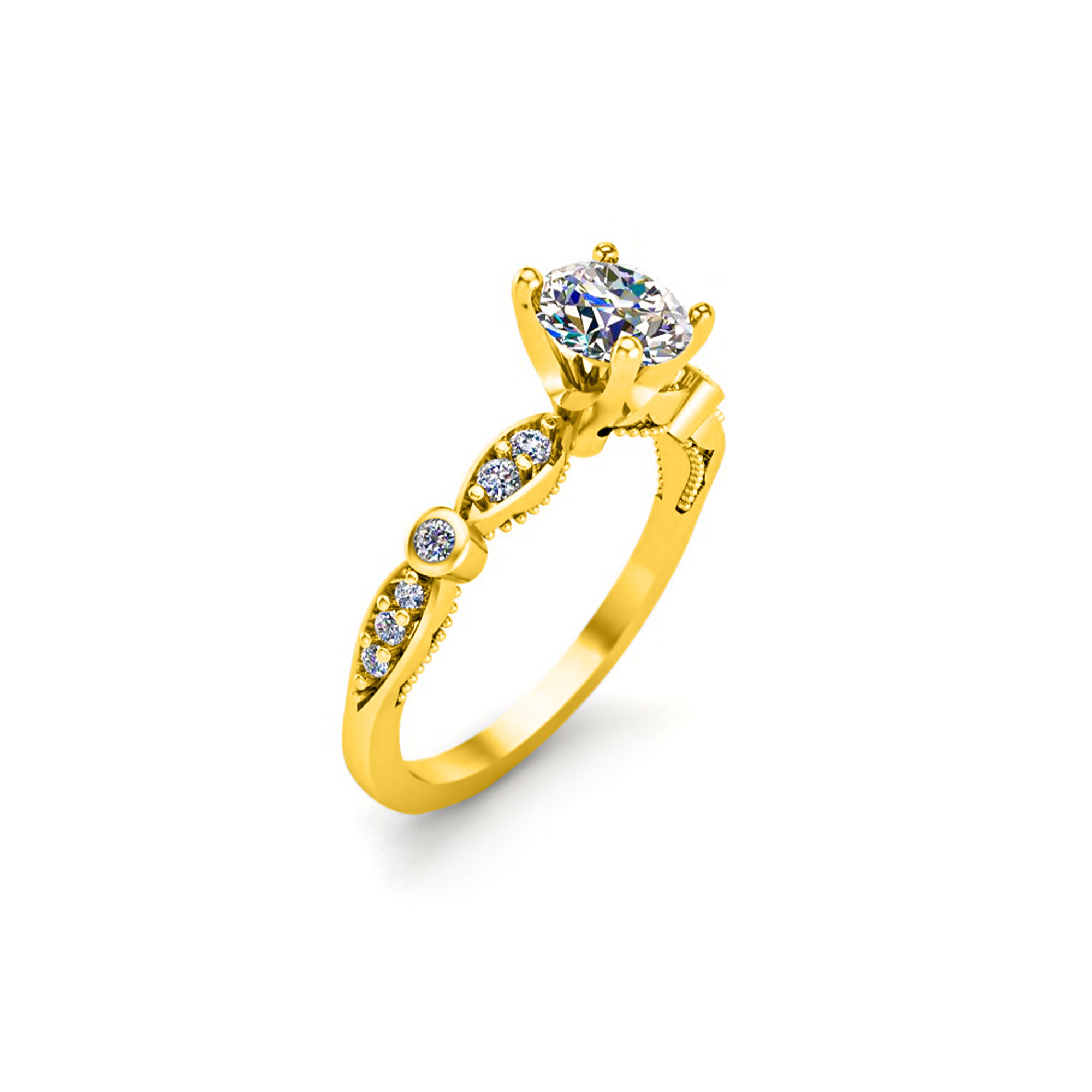 RKC Runder Moissanit-Solitärring mit Akzenten für Damen, Hochzeit, Verlobungsring, 14 Karat Gelbgold mit einem Gewicht von über 2 g, Breite 1,60 mm
