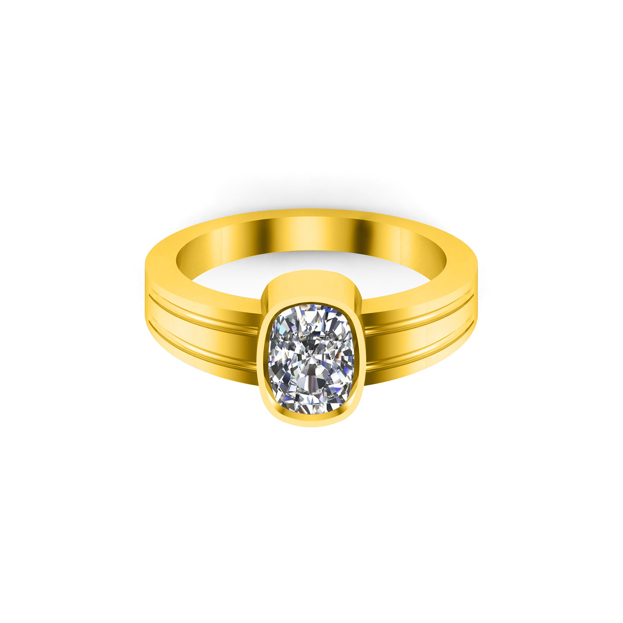 RKC Herren-Solitär-Ehering mit Moissanit-Kissenschliff, 14 Karat Gelbgold vergoldet, 925er Silber, Gewicht 4,70 g, Breite 2,20 mm