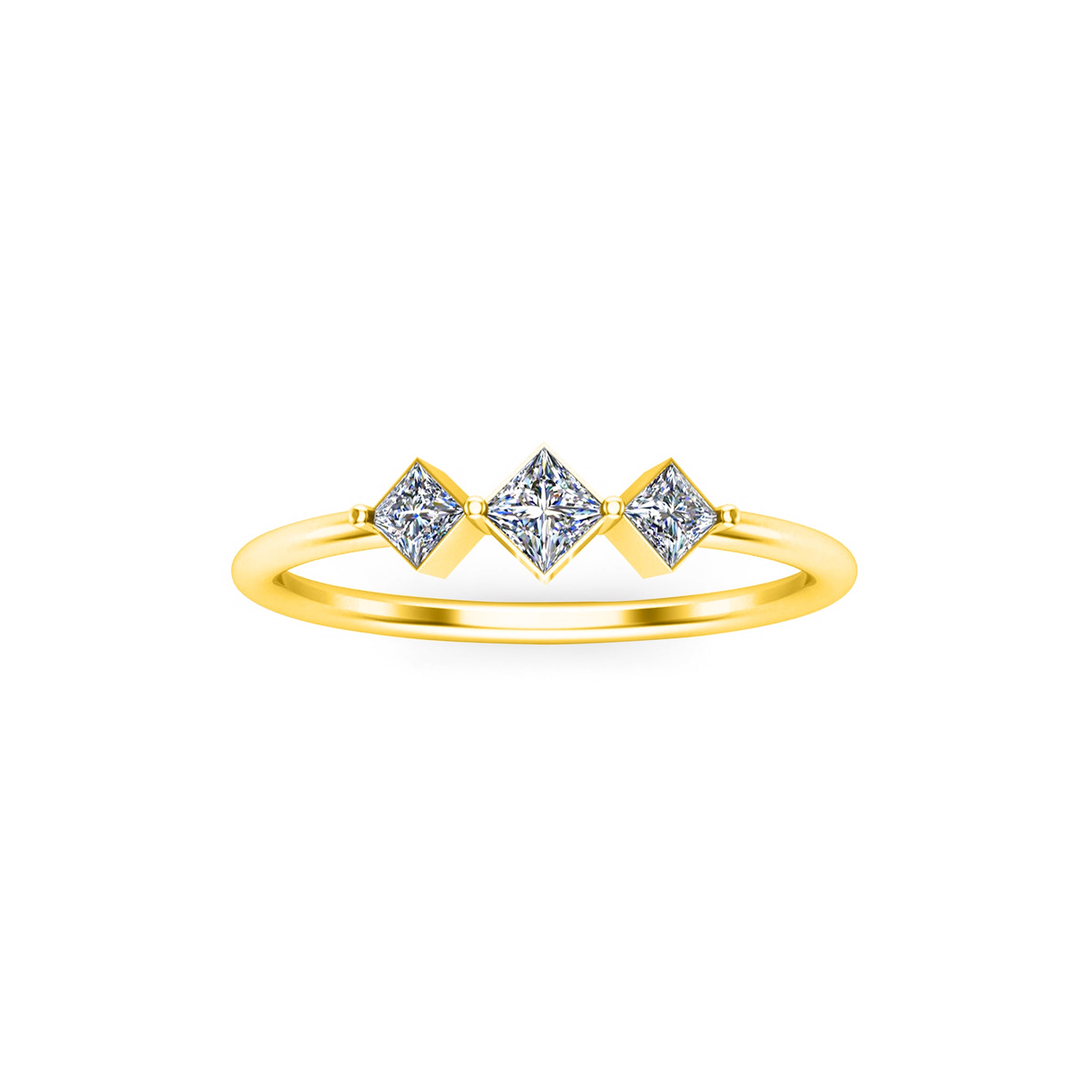 RKC Moissanit Drei-Stein-Prinzessin-Ring, 14 Karat Gelbgold vergoldet, 925er Silber, Gewicht 1,20 g, Breite 1,50 mm