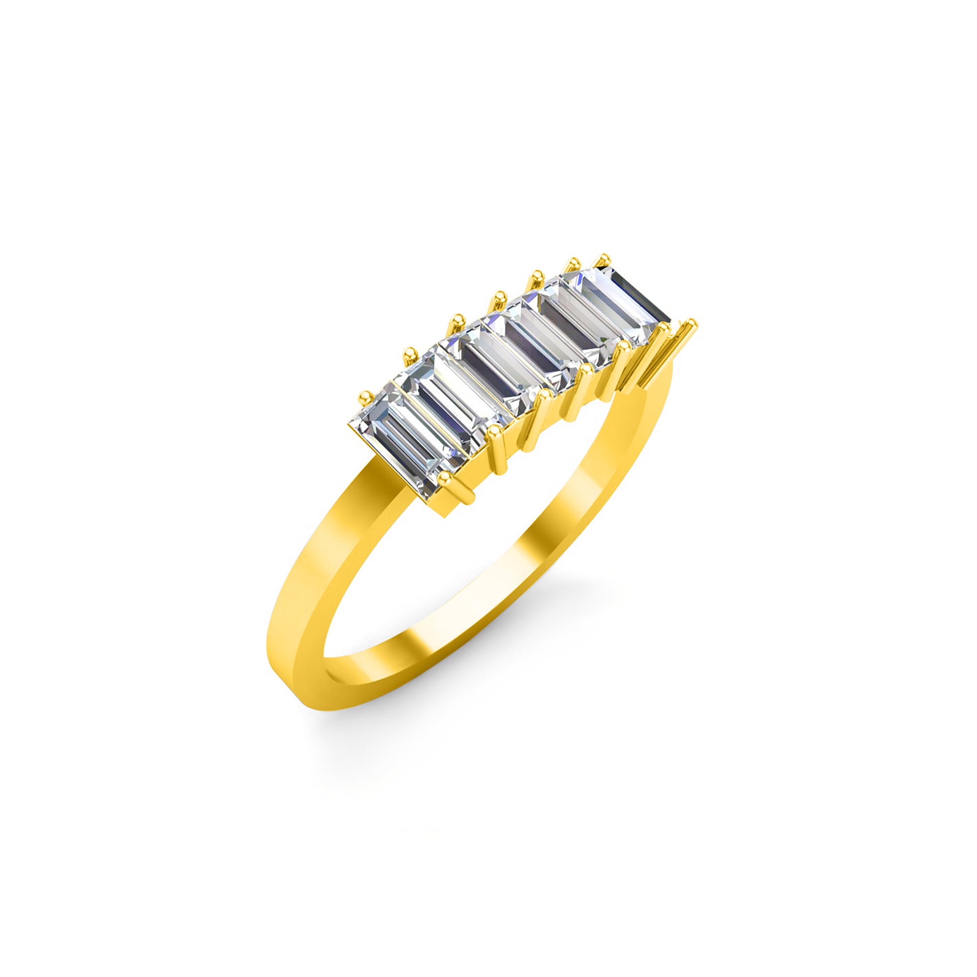 RKC Moissanit-Baguette-Ring mit sieben Steinen, Verlobungsring aus 925er Silber, 14 Karat Gelbgold vergoldet, Gewicht 1,60 g, Breite 1,50 mm