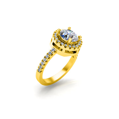RKC Runder Moissanit-Halo-Solitärring mit Akzenten, Verlobungsring für Sie, 925er Silber, 14 Karat Gelbgold plattiert, Gewicht 3,70 g, Breite 2,60 mm