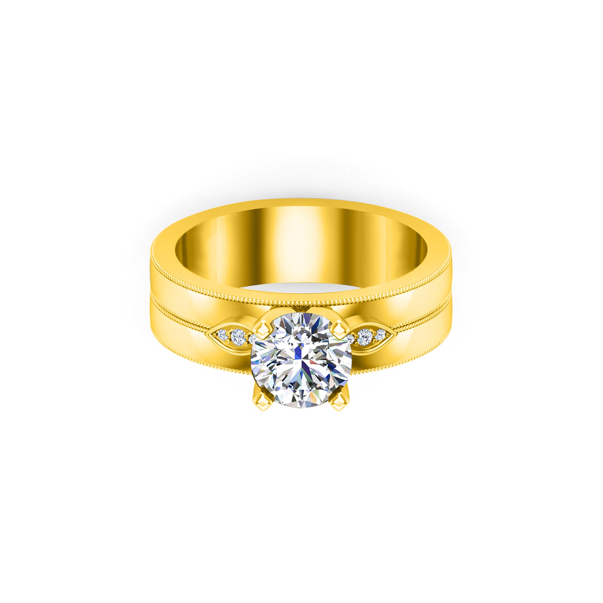 Solitario rotondo in moissanite RKC con accenti Anello da donna in argento placcato in oro giallo 14 carati Peso 6,60 g Larghezza 5,60 mm