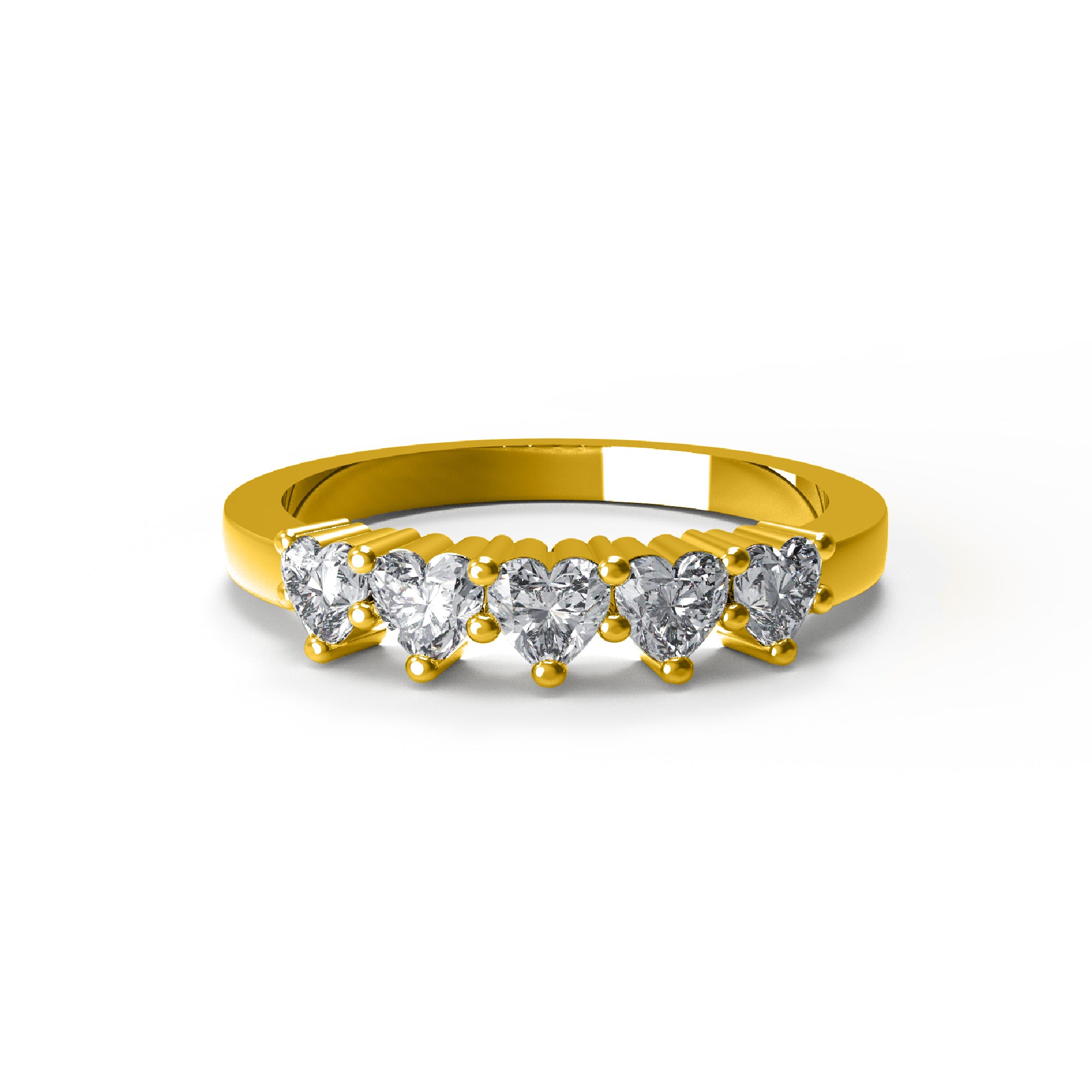 RKC Moissanit-Ehering mit fünf Herzschliff, 14 Karat Gelbgold plattiert, 925er Silber, Damenring, Gewicht 2 g, Breite 2 mm
