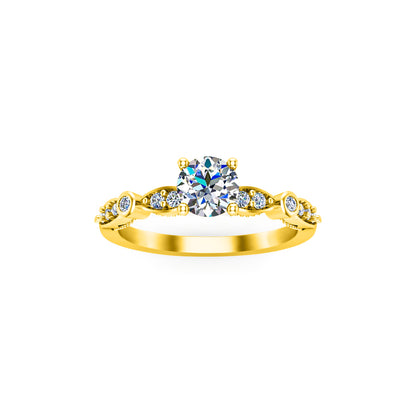 RKC Runder Moissanit-Solitärring mit Akzenten für Damen, Hochzeit, Verlobungsring, 14 Karat Gelbgold mit einem Gewicht von über 2 g, Breite 1,60 mm