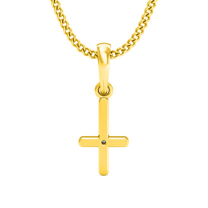 RKC Ciondolo in moissanite da donna in argento 925 con croce religiosa da 0,015 ct, placcato in oro giallo 14 carati, peso 2,4 g, altezza 15 mm