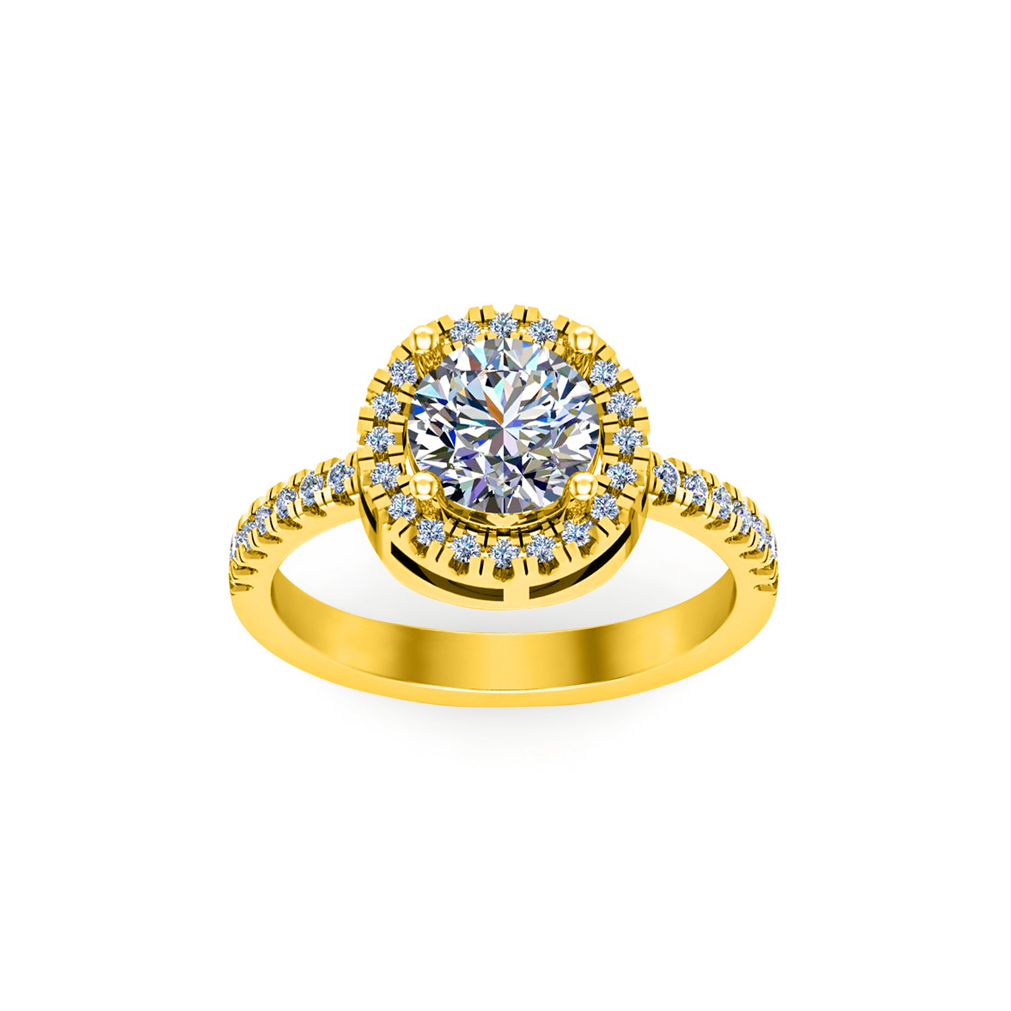 RKC Runder Moissanit-Halo-Solitärring mit Akzenten, Verlobungsring für Sie, 925er Silber, 14 Karat Gelbgold plattiert, Gewicht 3,70 g, Breite 2,60 mm