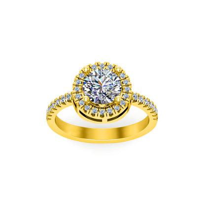 RKC Runder Moissanit-Halo-Solitärring mit Akzenten, Verlobungsring für Sie, 925er Silber, 14 Karat Gelbgold plattiert, Gewicht 3,70 g, Breite 2,60 mm