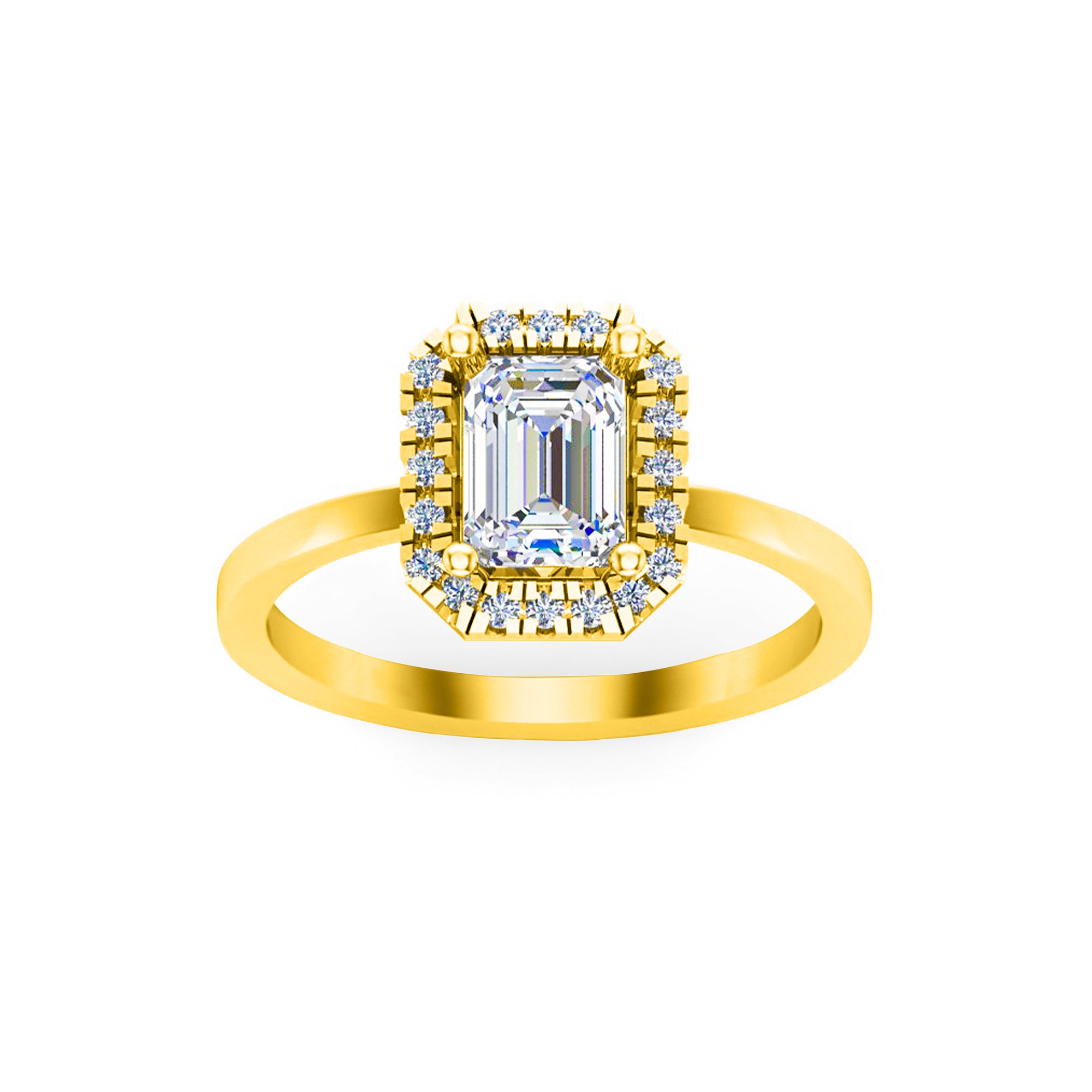 Anello di fidanzamento RKC con moissanite taglio smeraldo Halo, argento sterling 925 placcato oro giallo, peso 2,10 g, larghezza 1,50 mm