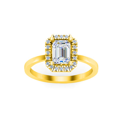 Anello di fidanzamento RKC con moissanite taglio smeraldo Halo, argento sterling 925 placcato oro giallo, peso 2,10 g, larghezza 1,50 mm