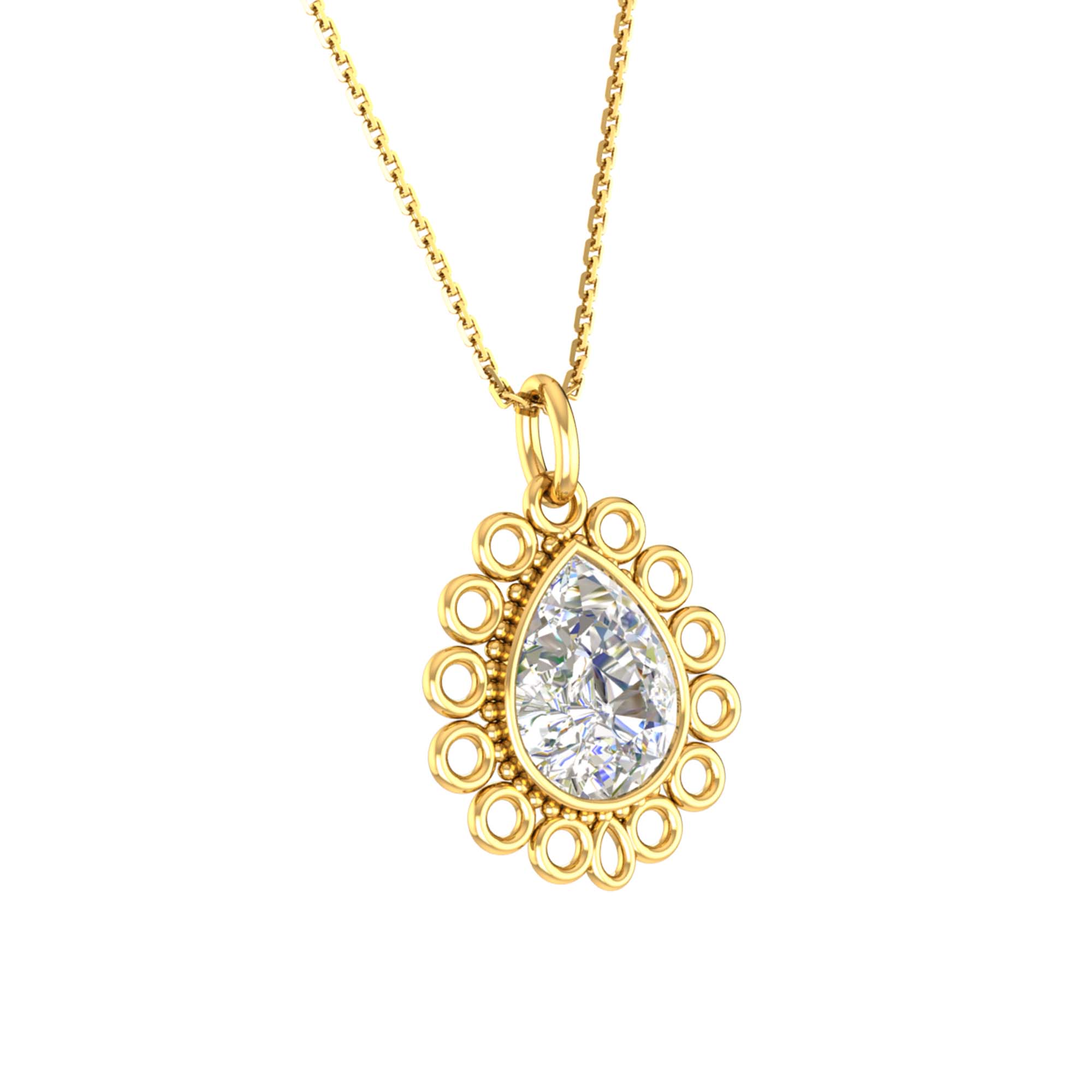 RKC Moissanite/ CZ Golden Pear Shape Pendant with Link Chain 14k Yellow Gold Plated Weight gm