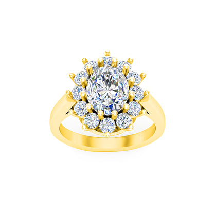 RKC Oval Cut Moissanit Damen-Verlobungsring im Halo-Stil, 925er Sterlingsilber, 14 Karat Gelbgold vergoldet, Gewicht 4,40 g, Breite 2,10 mm