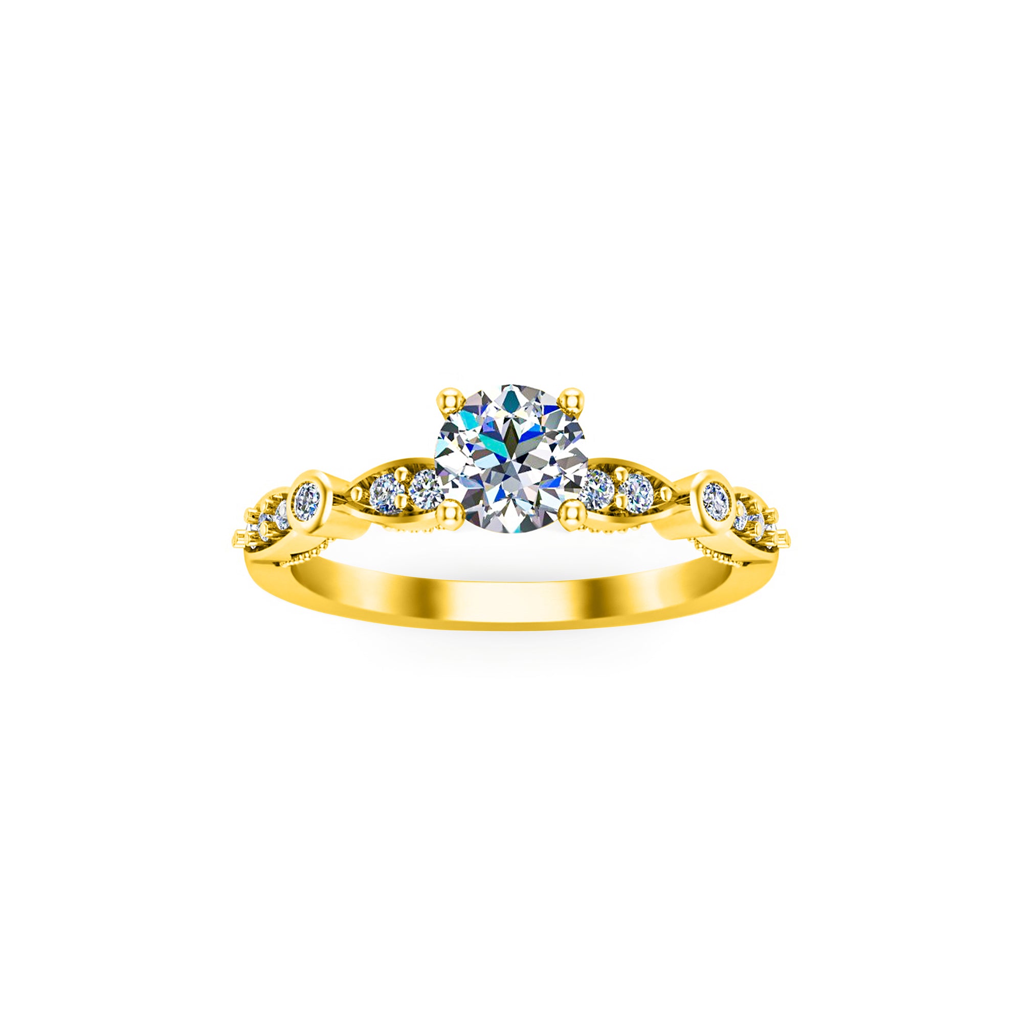 RKC Runder Moissanit-Solitärring mit Akzenten für Damen, Hochzeit, Verlobungsring, 14 Karat Gelbgold mit einem Gewicht von über 2 g, Breite 1,60 mm