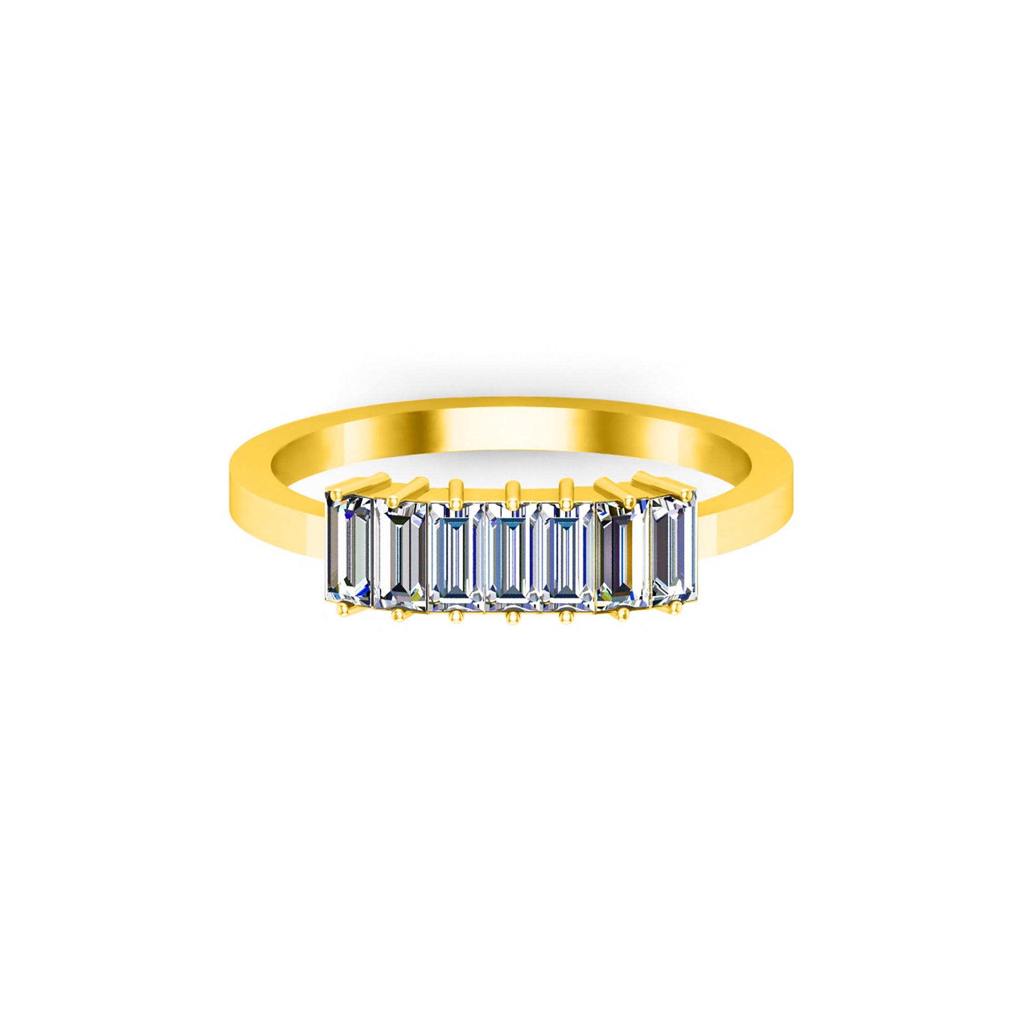 RKC Moissanit-Baguette-Ring mit sieben Steinen, Verlobungsring aus 925er Silber, 14 Karat Gelbgold vergoldet, Gewicht 1,60 g, Breite 1,50 mm